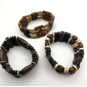 Tribal Ethnic Stretch Bracelets Stretches to 4.5 Inches Lot of 3 Wood & Acrylic